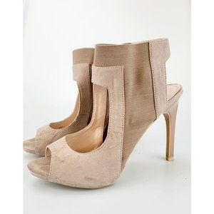 DESIRE BY JACOBIES Ankle Booties Nude Suede Heeled‎ 8.5 Open Toe Stiletto Heels